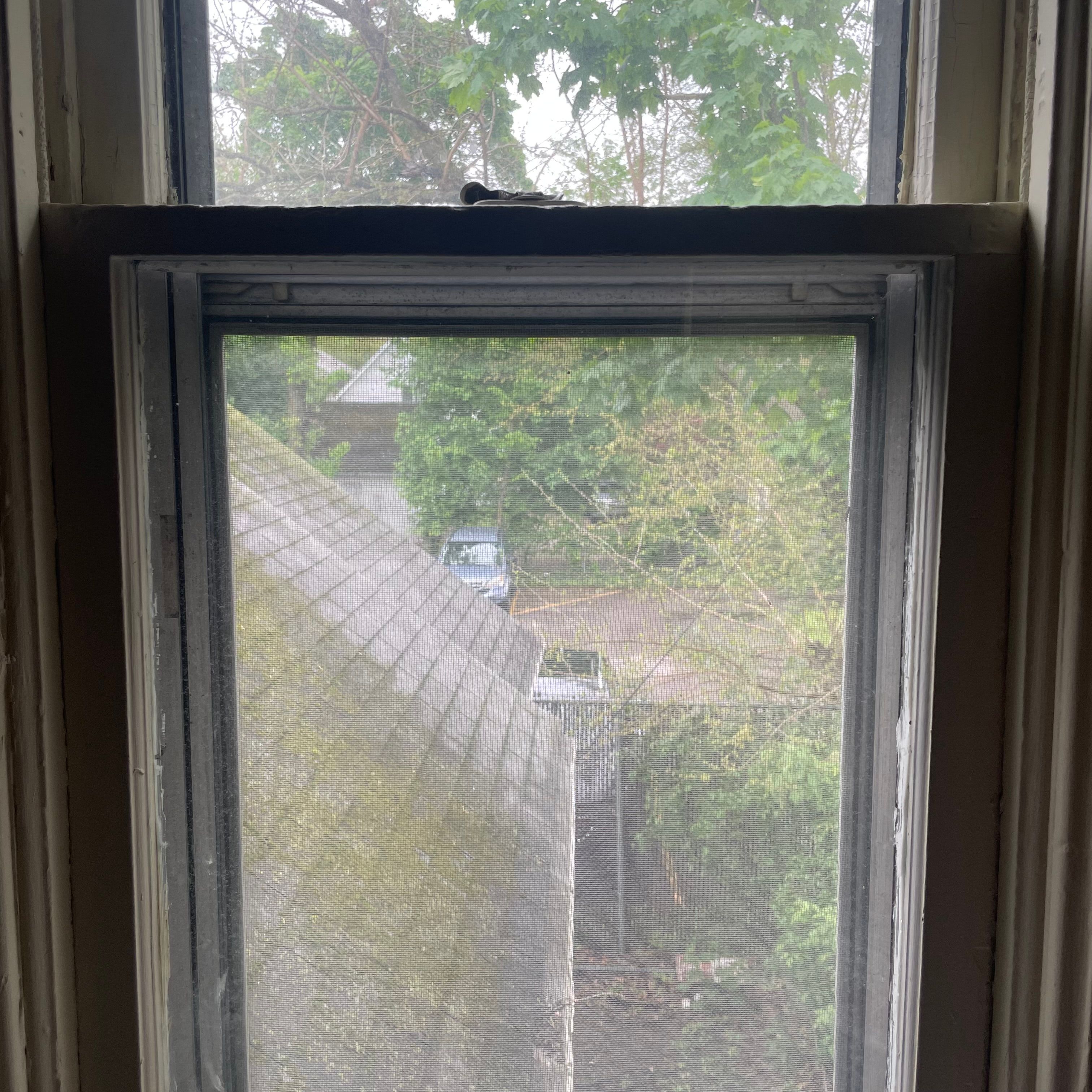 A window with a view of the building's roof with moss on it. There are green trees and two cars parked in the background.