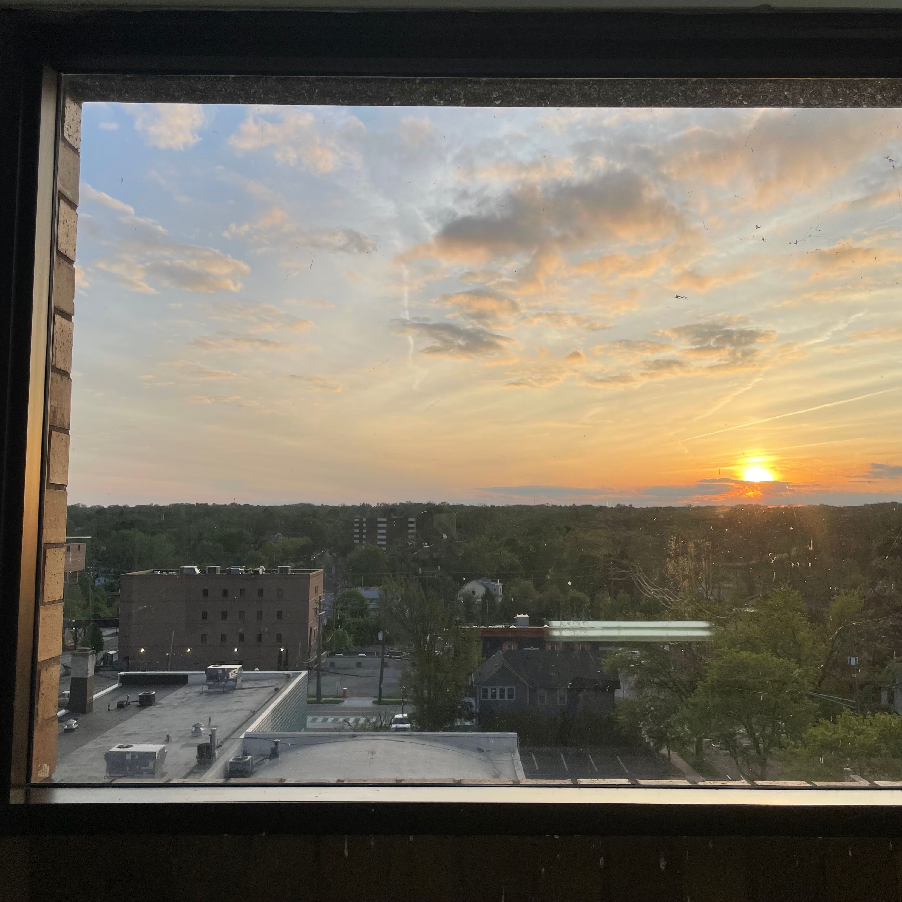 A window with a view of several building rooftops. The sun casts a orange color across the blue sky. There are also trees in the background.